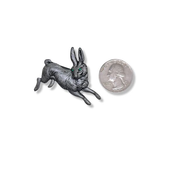 Antiqued Pewter Crystal Green Eyed Hare Bunny Brooch Pin Pendant - Picture 3 of 4